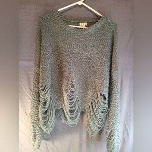 Pol Fringed Popcorn Distressed Green Sweater